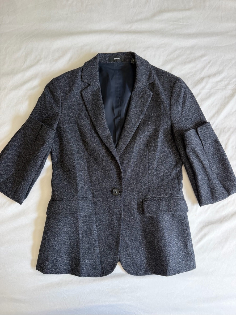 Theory "Gabrielle" Dashed Wool Navy Blue One Button Blazer Business Casual